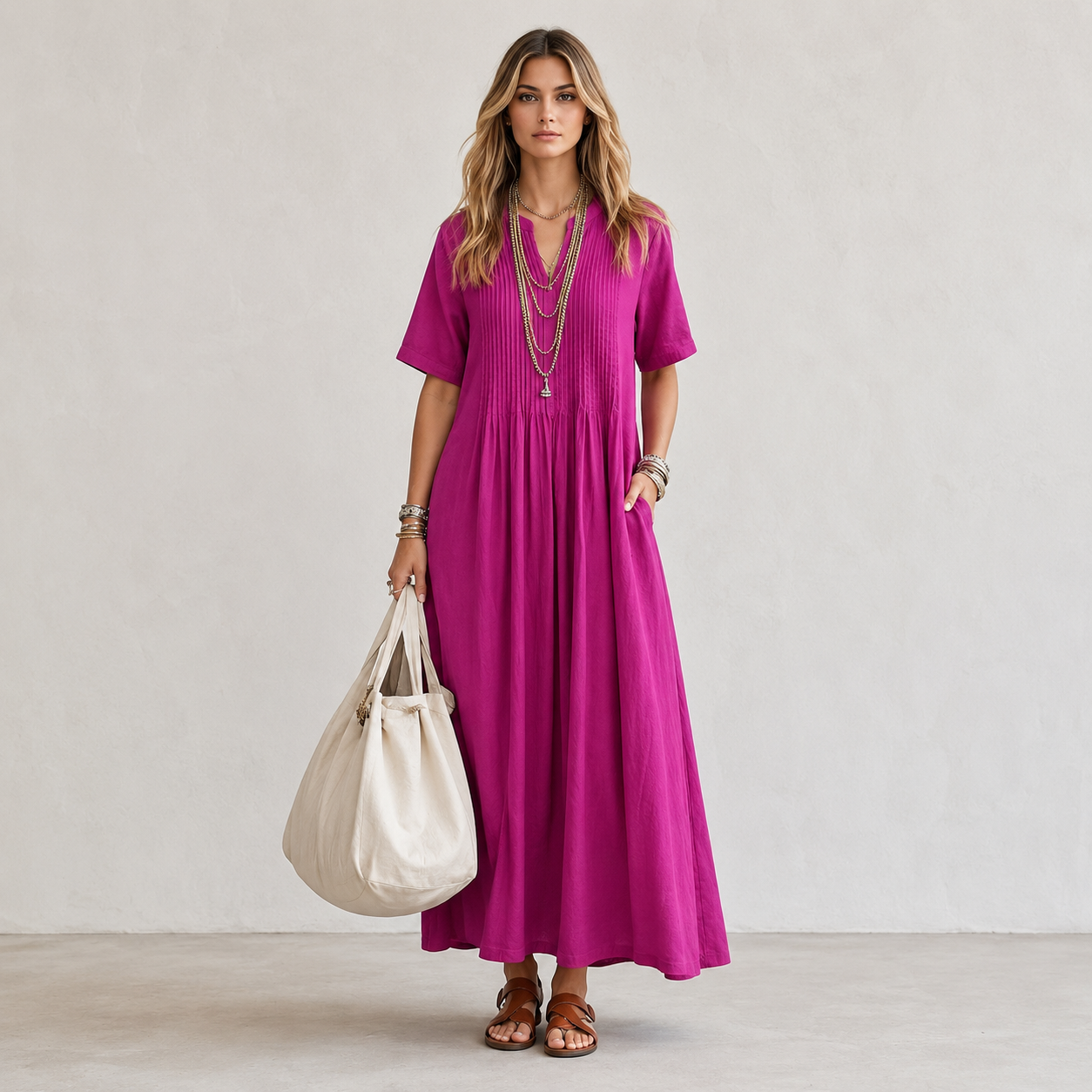 Patricia - Vestido Corte Suelto, Escote en V y Estilo Casual Elegante
