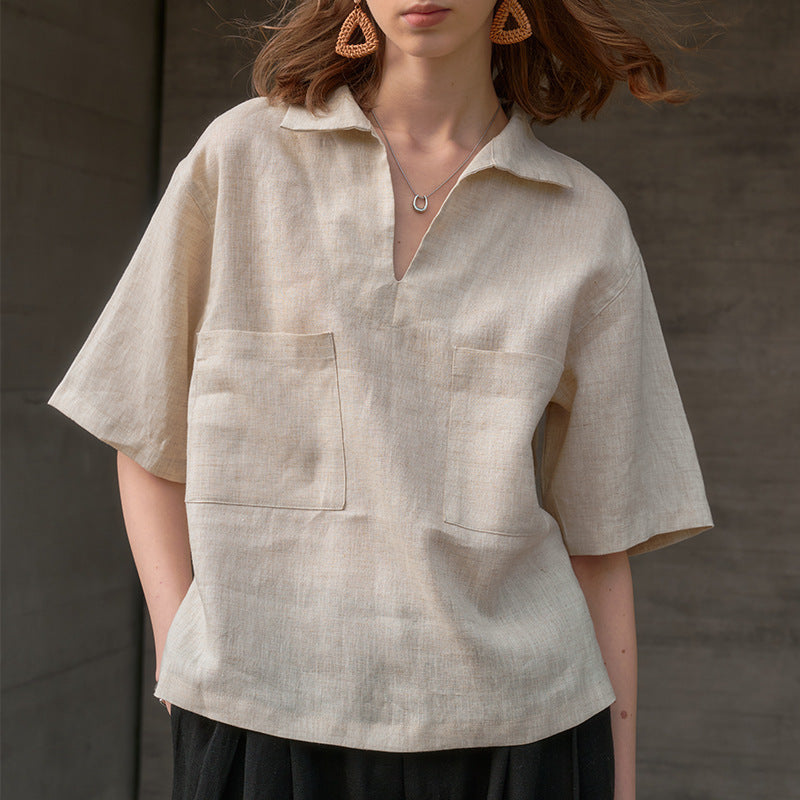 Alexia - Blusa de lino 100% con escote en V