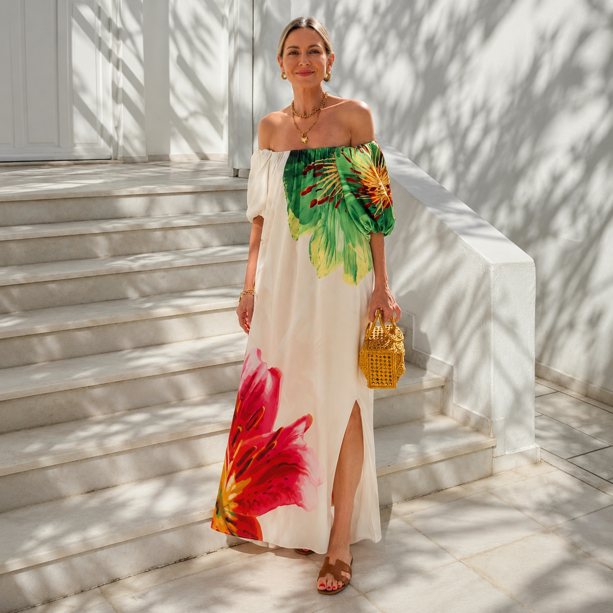 Rhoada - Vestido Bohemio Largo de Verano con Manga Linterna