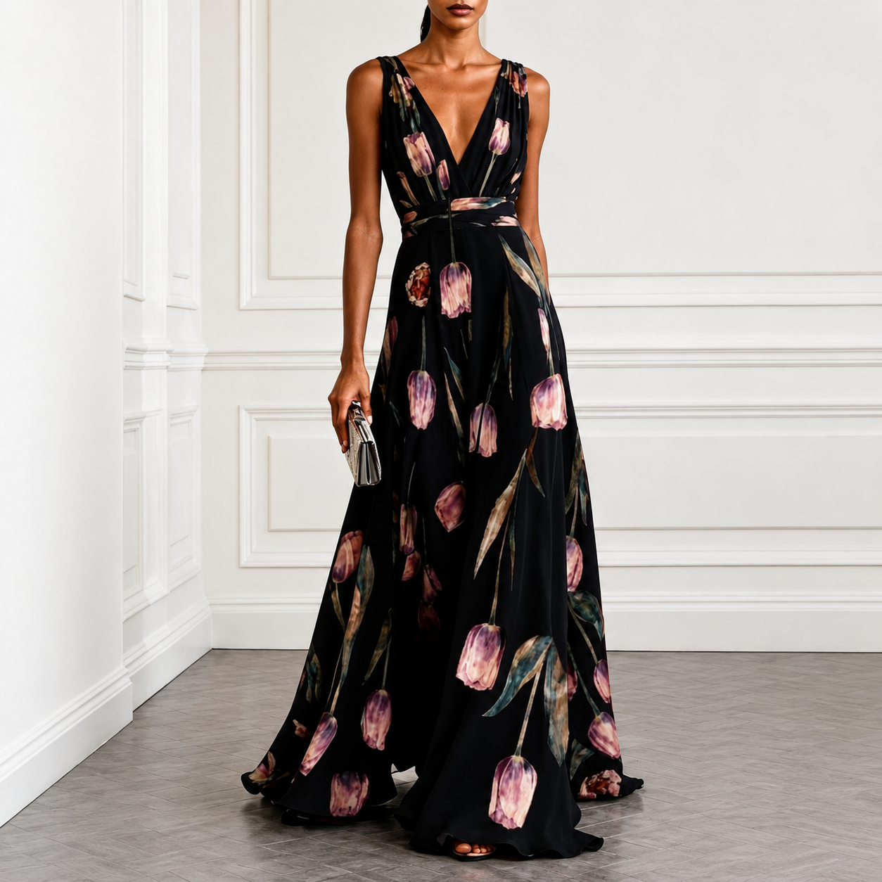María - Vestido largo floral de poliéster