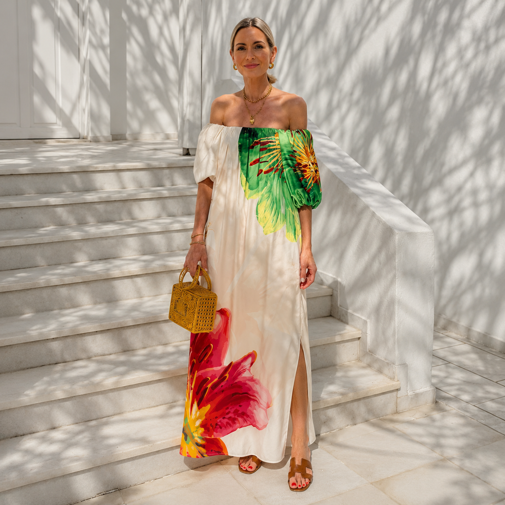Rhoada - Vestido Bohemio Largo de Verano con Manga Linterna