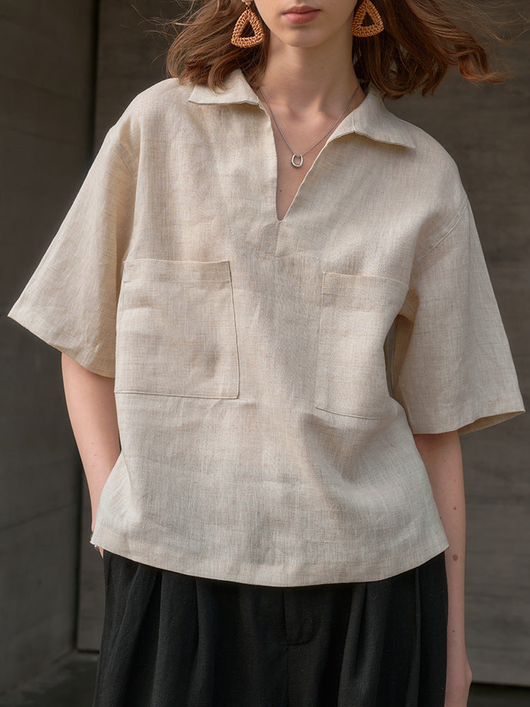 Alexia - Blusa de lino 100% con escote en V