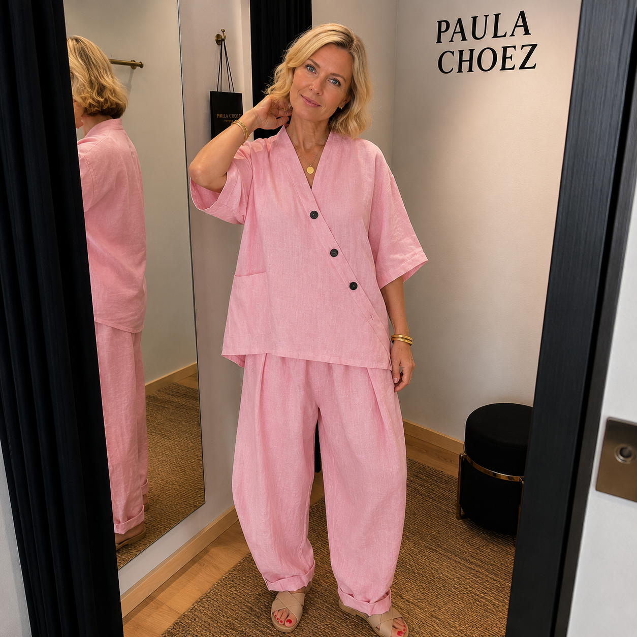 Paola - Conjunto de pantalón y blusa de algodón con efecto lino