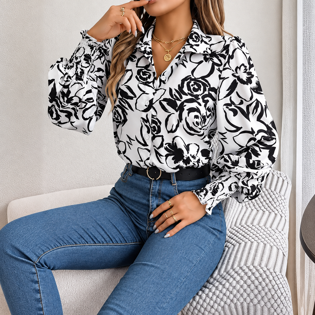 Tania - Blusa floral de poliéster con mangas farol