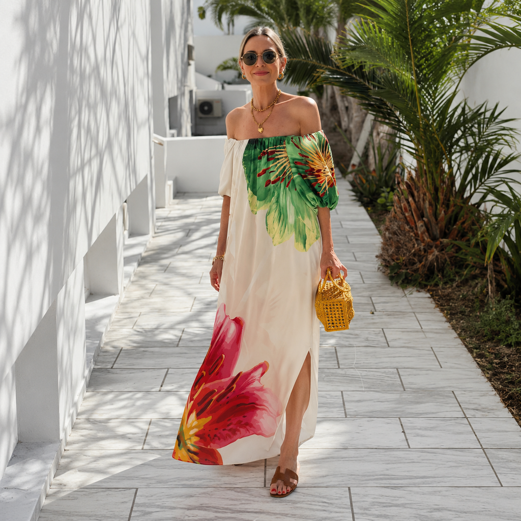Rhoada - Vestido Bohemio Largo de Verano con Manga Linterna