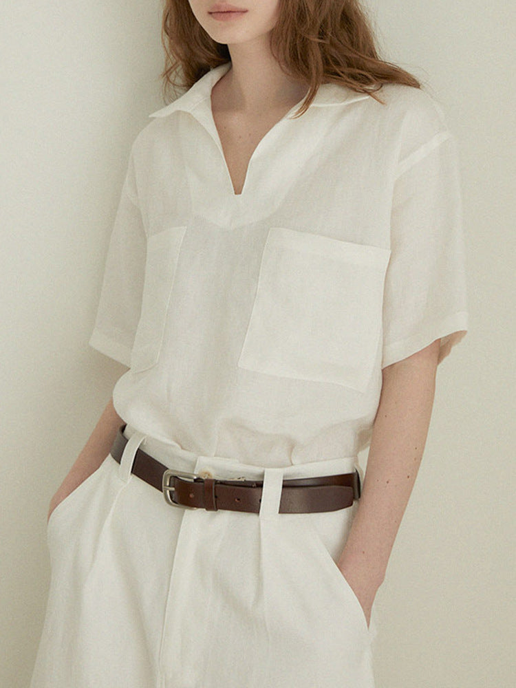 Alexia - Blusa de lino 100% con escote en V