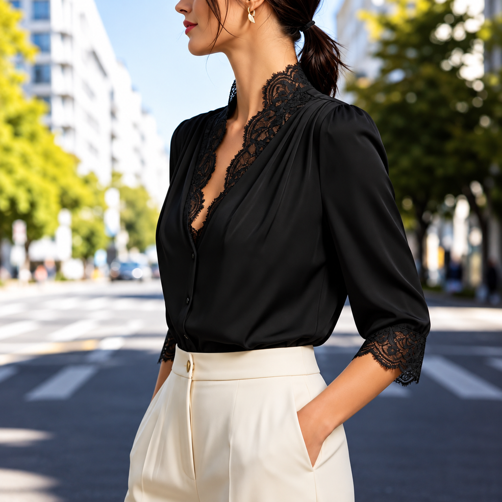 Kendal - Blusa con encaje y cuello en V