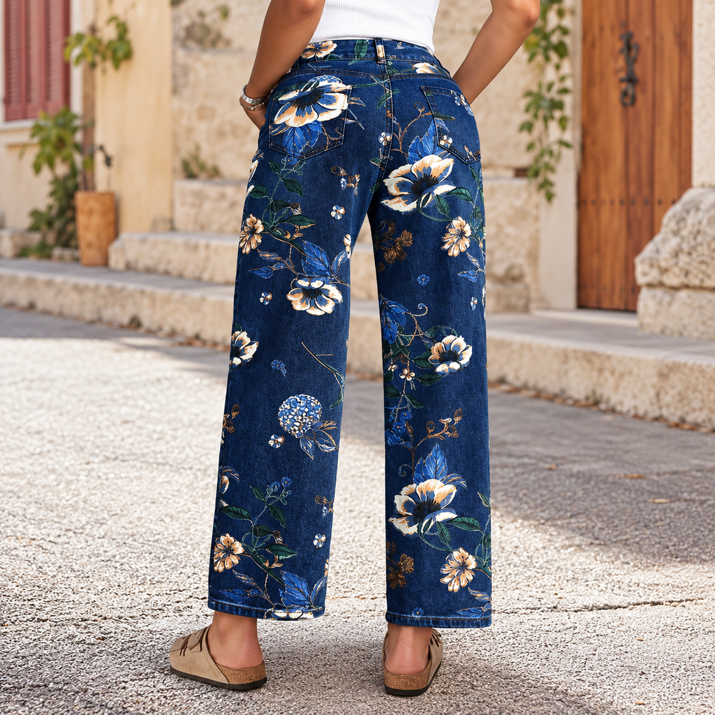 Flor - Pantalón vaquero de algodón denim estampado