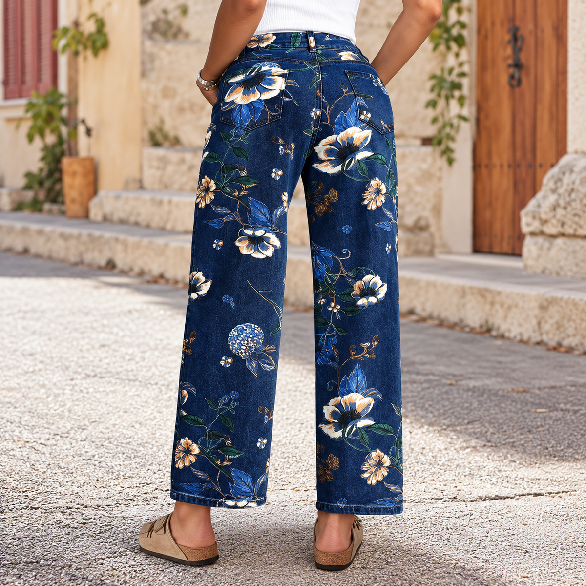 Flor - Pantalón vaquero de algodón denim estampado