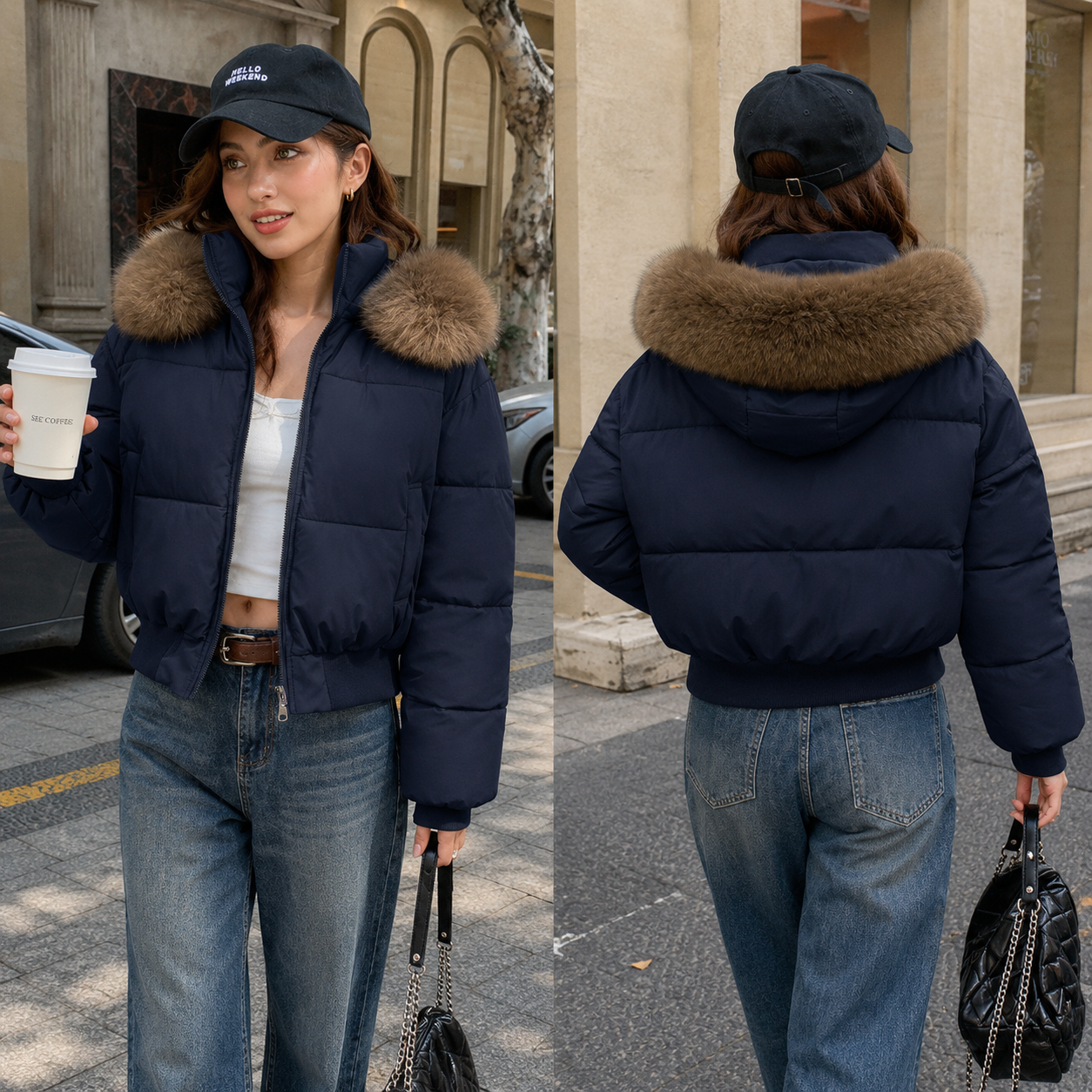 Bianca - Chaqueta acolchada con capucha desmontable y cuello de pelo sintético