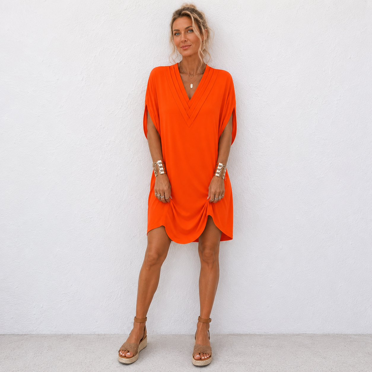 Mónica - Vestido plisado de cuello en V con manga murciélago