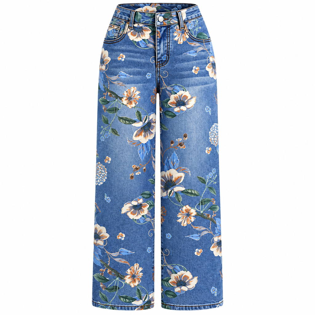 Flor - Pantalón vaquero de algodón denim estampado