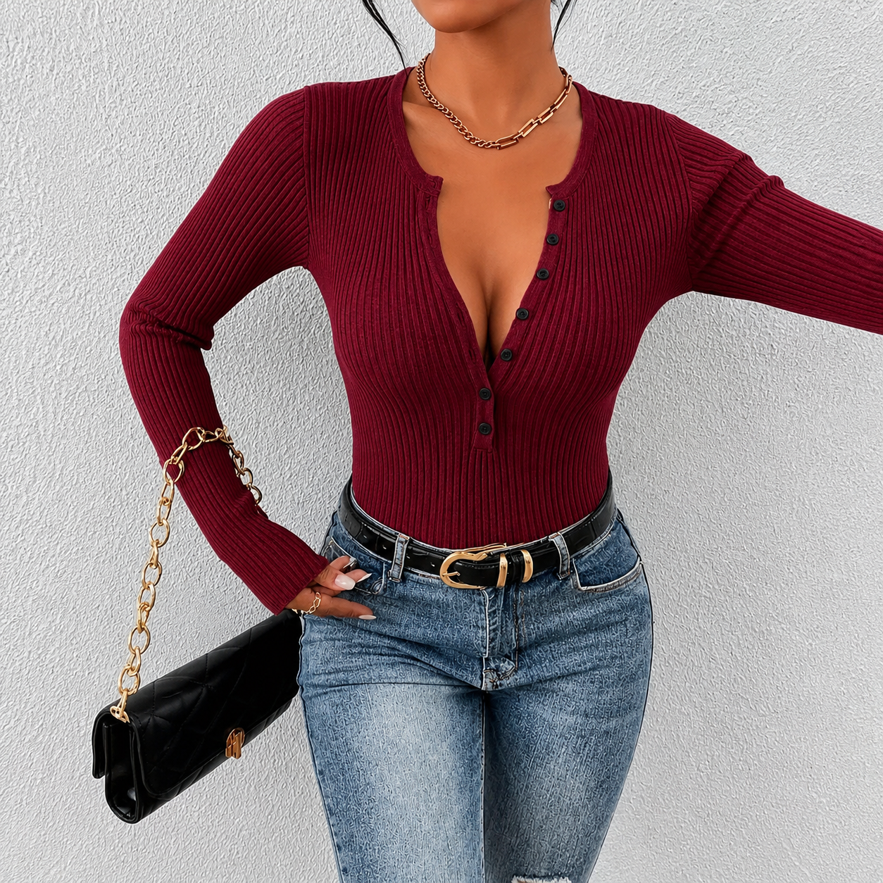 Aria - Blusa de canalé ajustada con cuello de botones