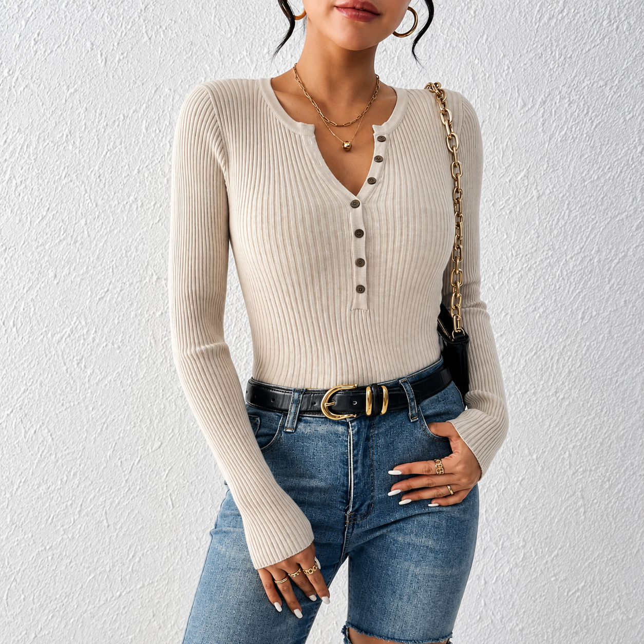 Aria - Blusa de canalé ajustada con cuello de botones