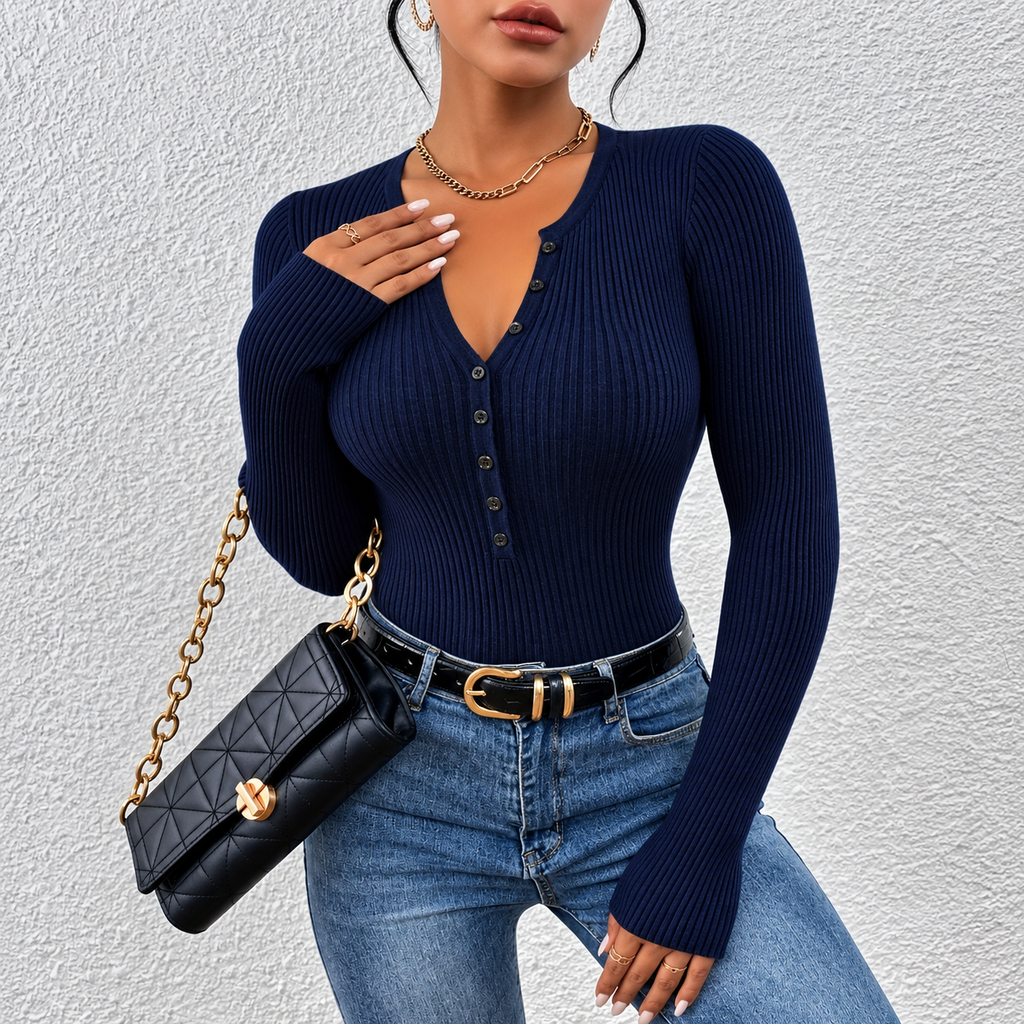 Aria - Blusa de canalé ajustada con cuello de botones