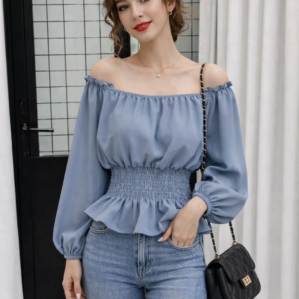 Virginia – Blusa off shoulder elegante con volantes