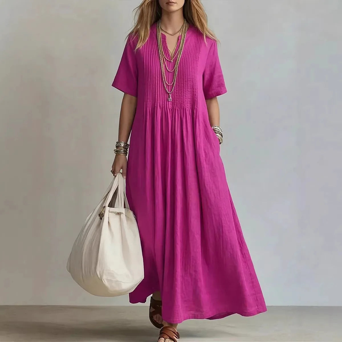 Patricia - Vestido Corte Suelto, Escote en V y Estilo Casual Elegante