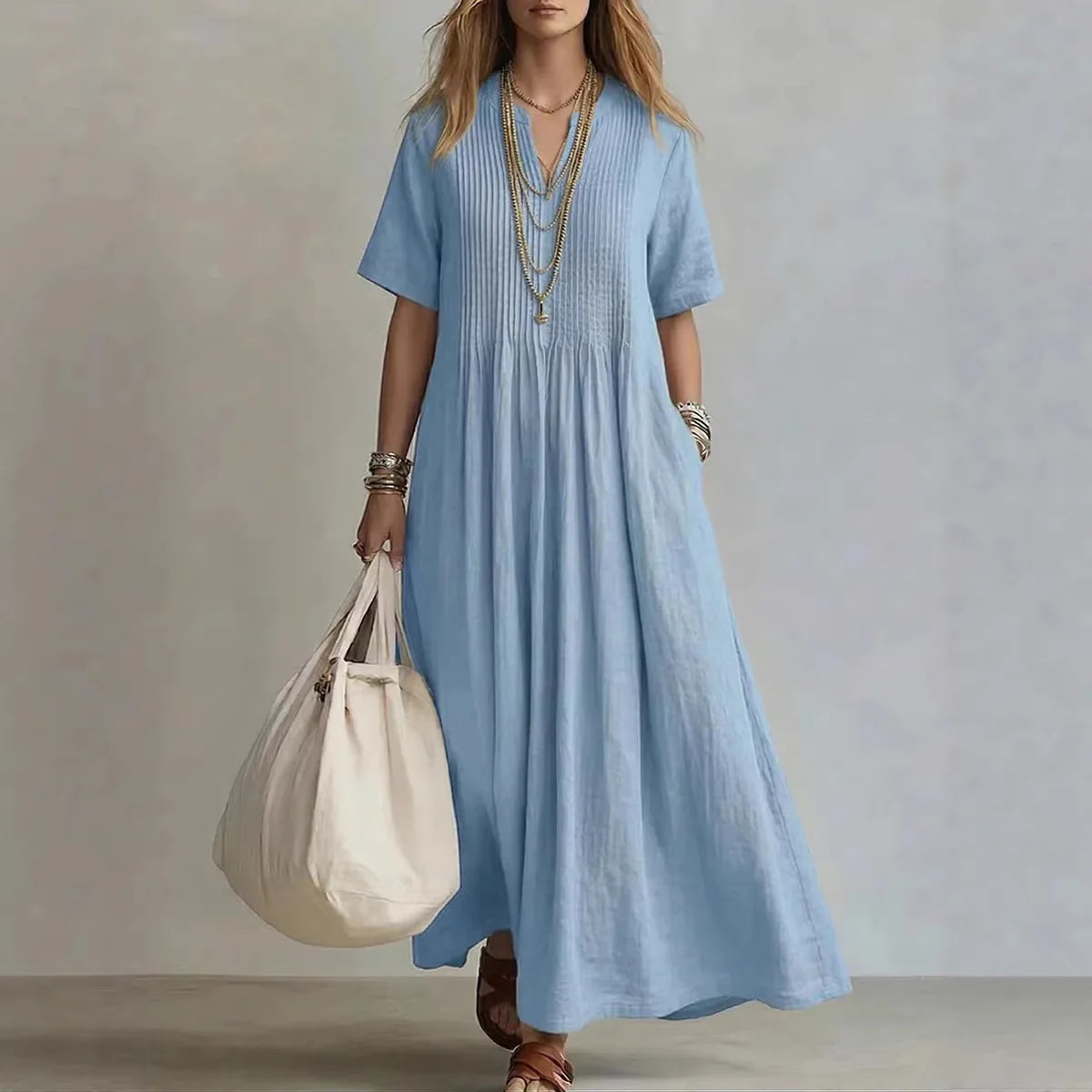 Patricia - Vestido Corte Suelto, Escote en V y Estilo Casual Elegante