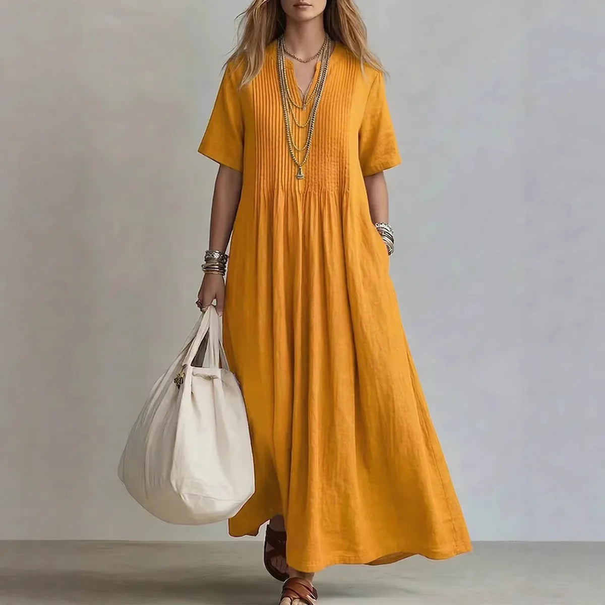 Patricia - Vestido Corte Suelto, Escote en V y Estilo Casual Elegante