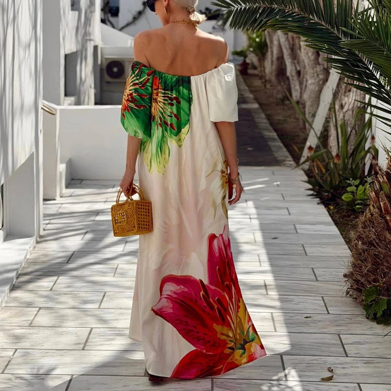 Rhoada - Vestido Bohemio Largo de Verano con Manga Linterna