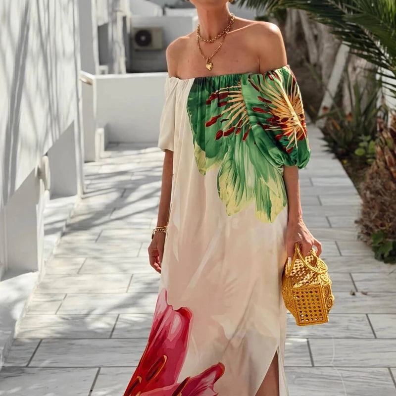 Rhoada - Vestido Bohemio Largo de Verano con Manga Linterna