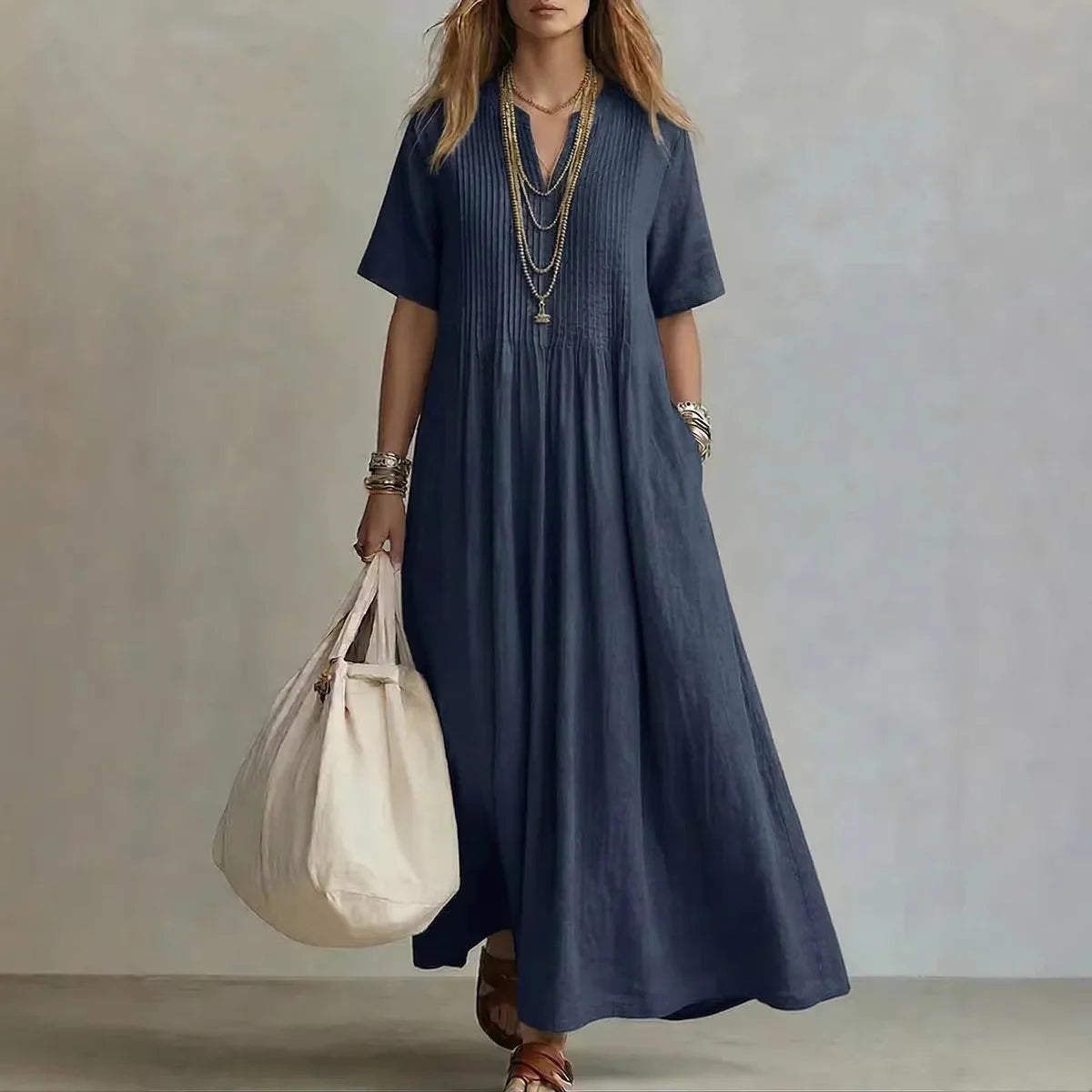 Patricia - Vestido Corte Suelto, Escote en V y Estilo Casual Elegante