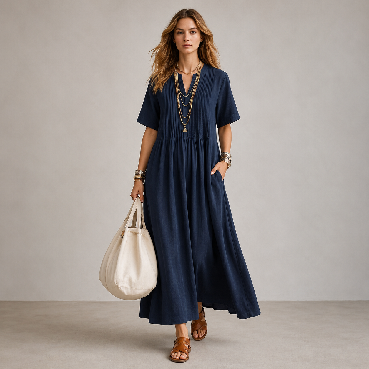 Patricia - Vestido Corte Suelto, Escote en V y Estilo Casual Elegante