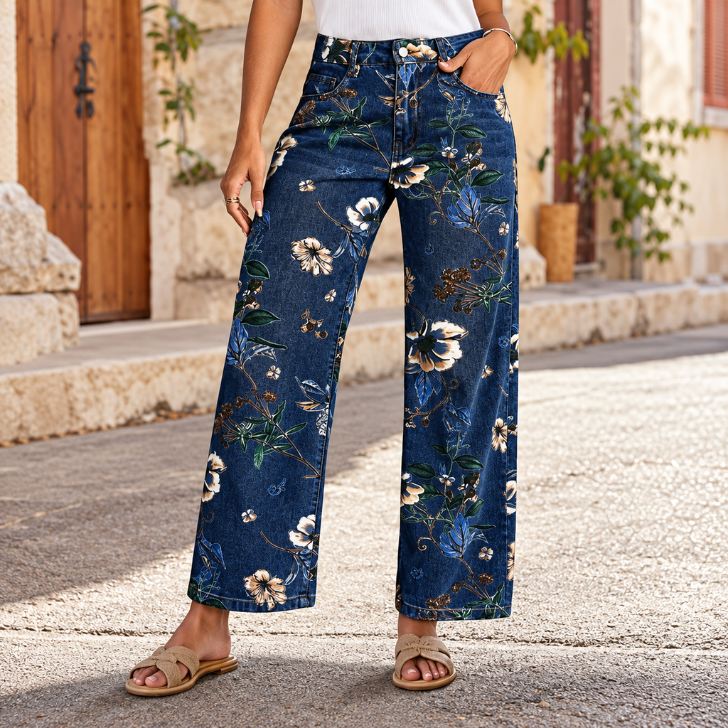 Flor - Pantalón vaquero de algodón denim estampado