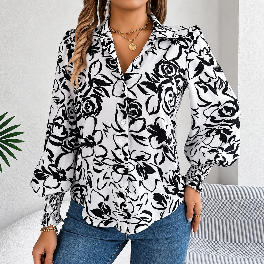 Tania - Blusa floral de poliéster con mangas farol