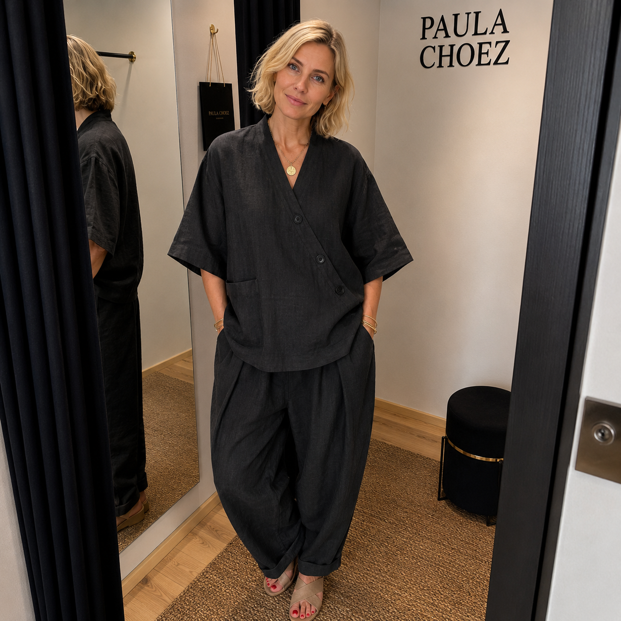 Paola - Conjunto de pantalón y blusa de algodón con efecto lino