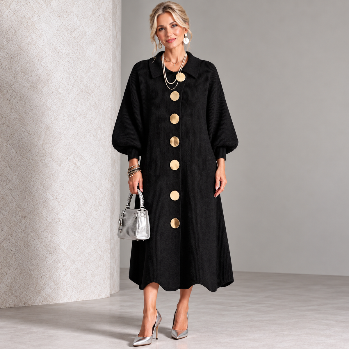 Sara – vestido de poliéster con botones metálicos