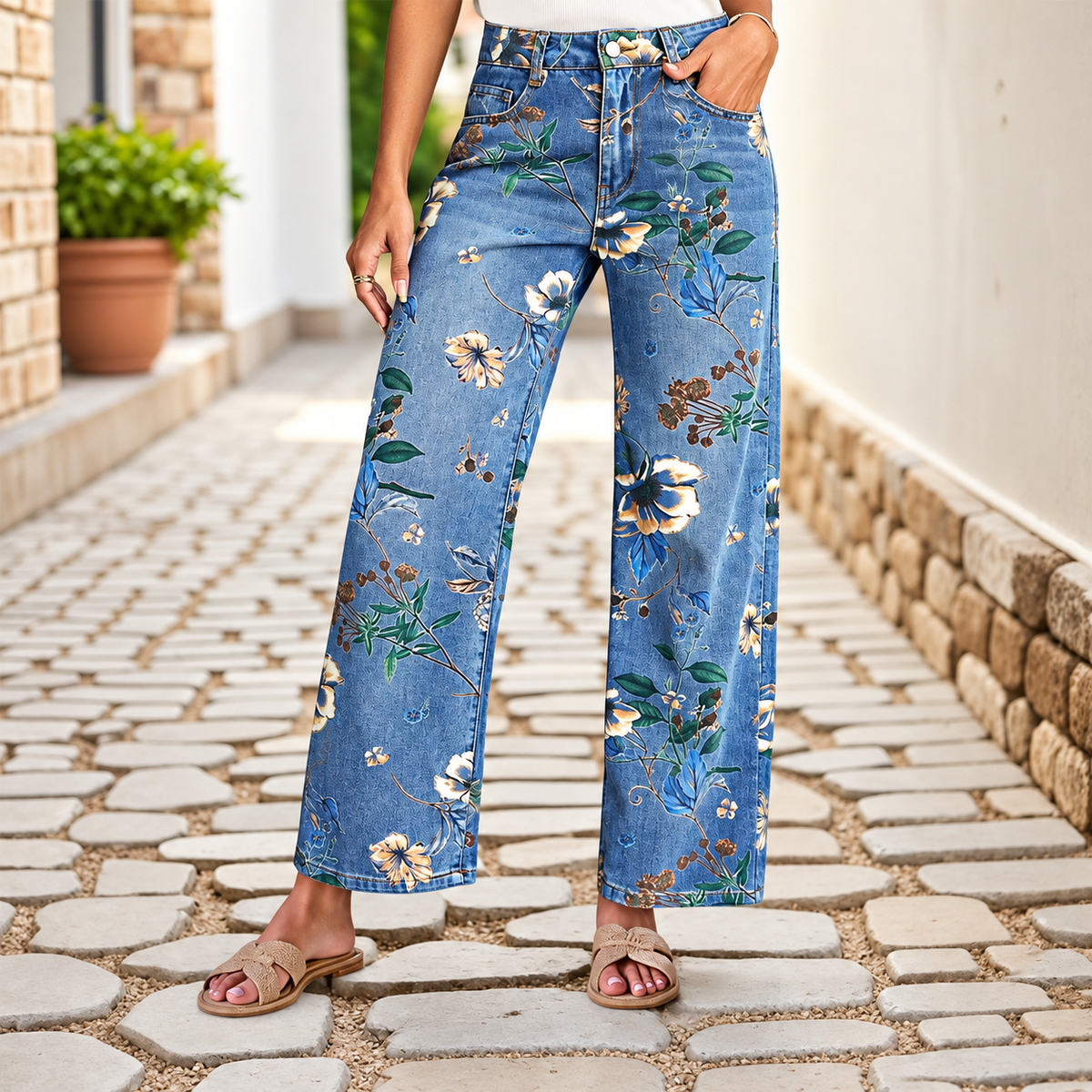 Flor - Pantalón vaquero de algodón denim estampado