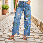 Flor - Pantalón vaquero de algodón denim estampado