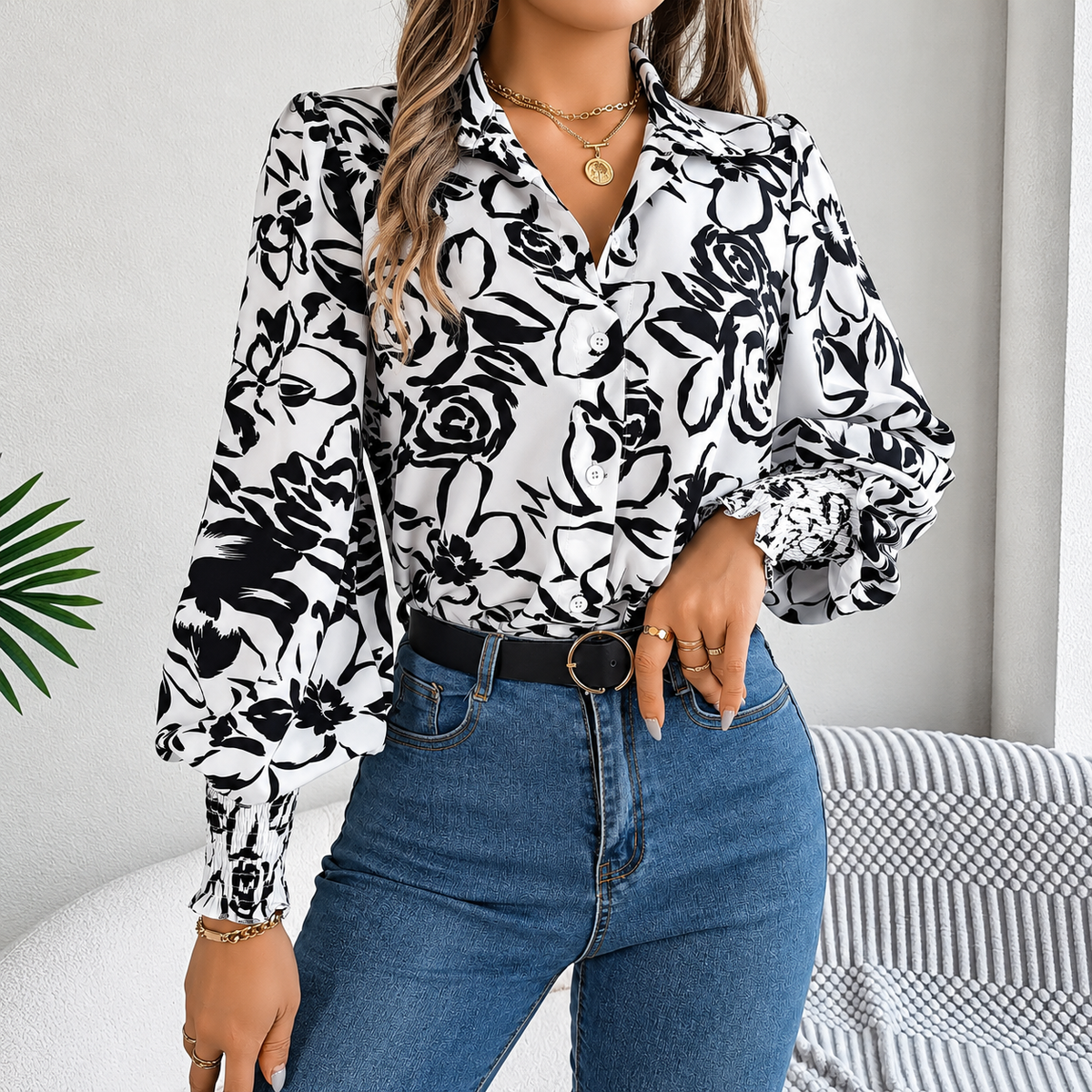 Tania - Blusa floral de poliéster con mangas farol