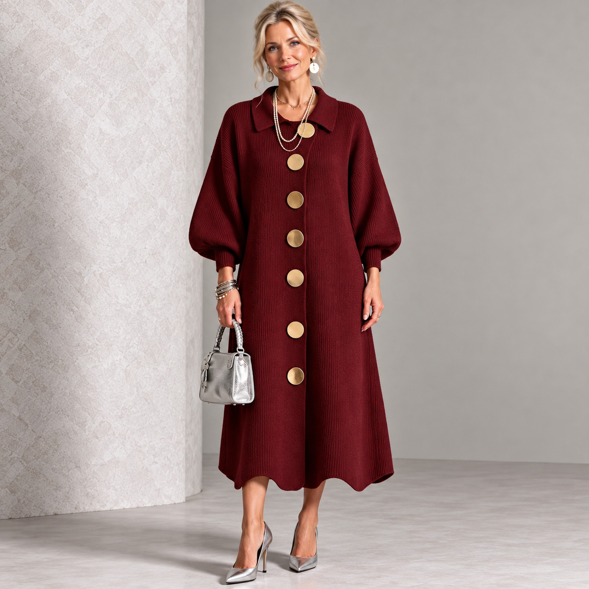 Sara – vestido de poliéster con botones metálicos