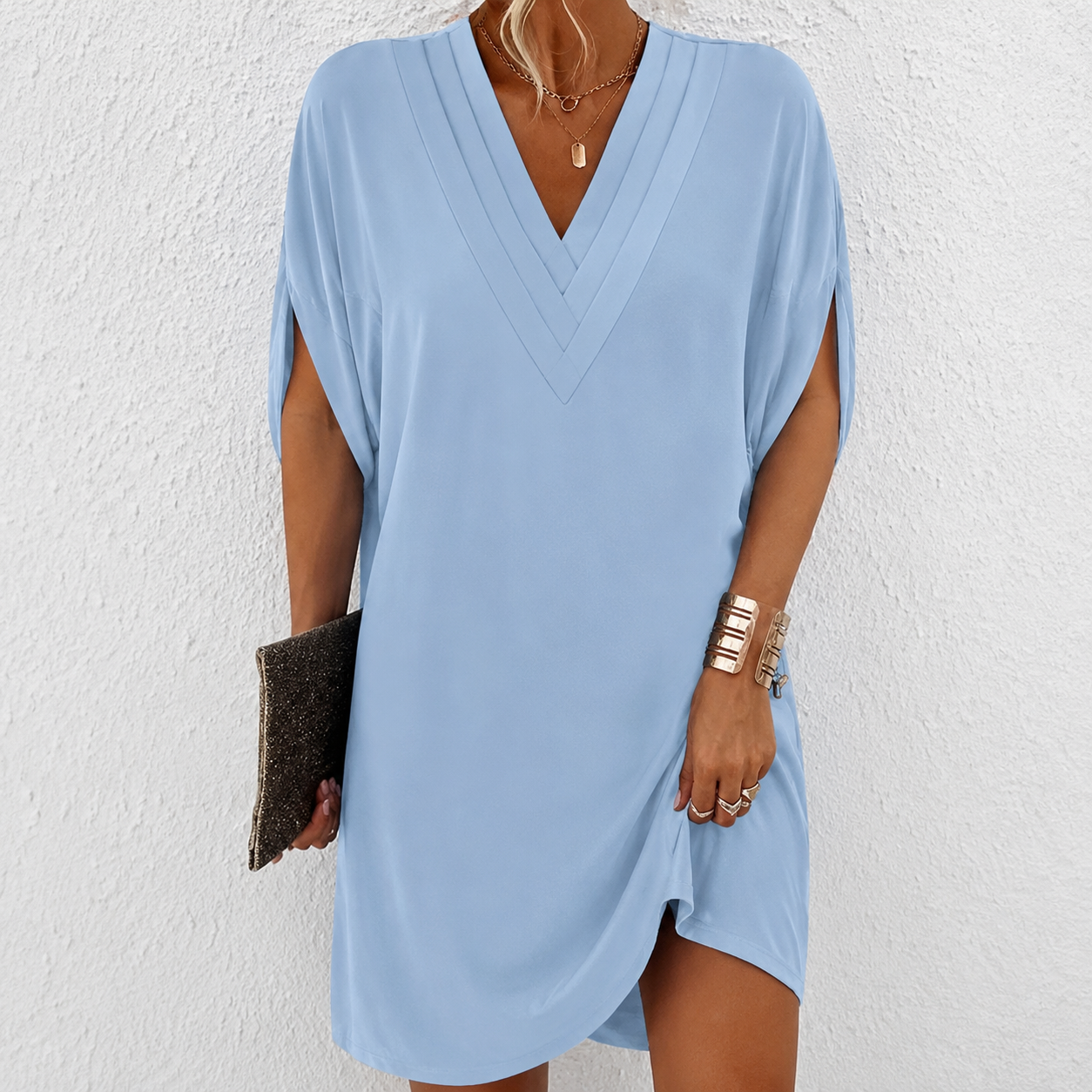 Mónica - Vestido plisado de cuello en V con manga murciélago