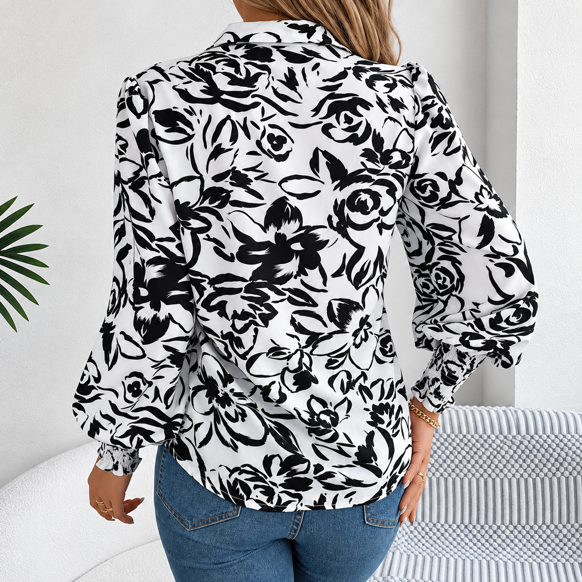 Tania - Blusa floral de poliéster con mangas farol