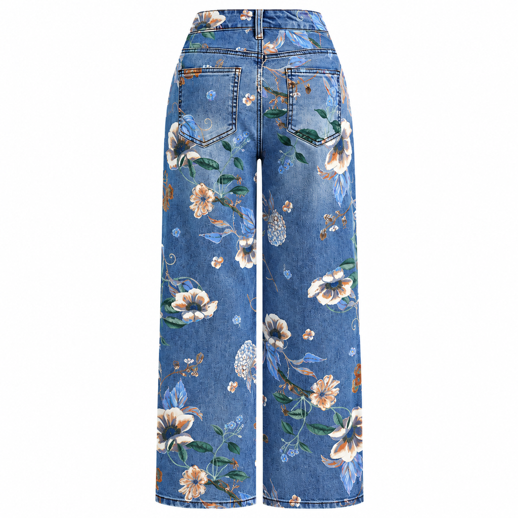 Flor - Pantalón vaquero de algodón denim estampado